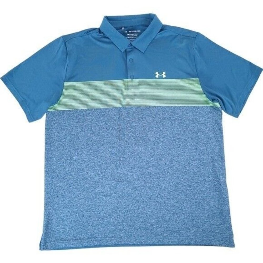 Under Armour The Playoff Blue Green Striped Polo Shirt XXL 2XL